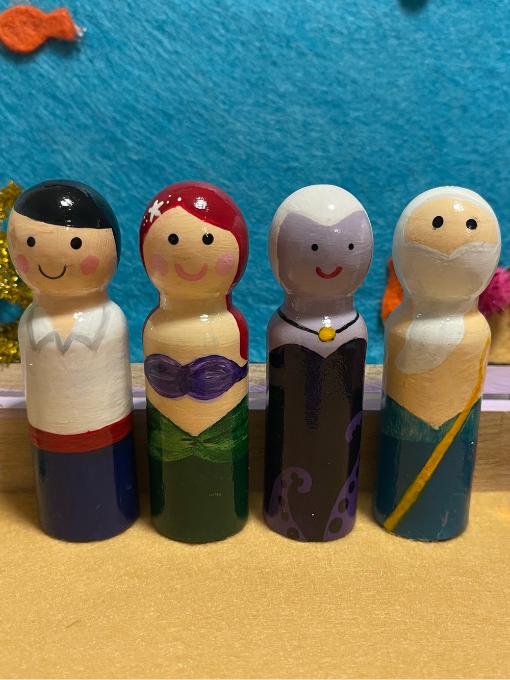 Mermaid Hand-Painted Wooden Peg Dolls Set of 4
